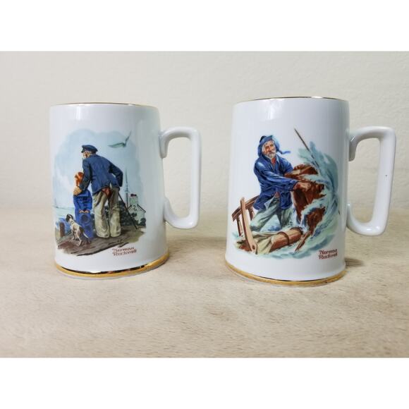Norman Rockwell Coffee Mug Tea Cup 4 1/2" Gold Trim 1985 Drinkware 11oz x2 - Picture 1 of 12